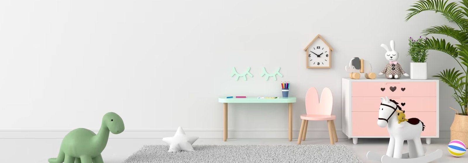 A child's room with a rocking horse, a toy dinosaur and a craft table