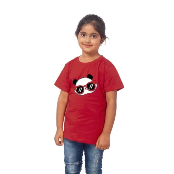 Girls Cotton Panda Glass Half Sleeve TShirt (Maroon) – view 4