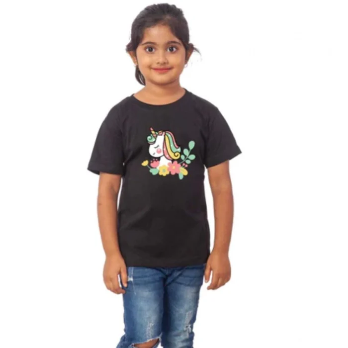 Girls Cotton Unicorn Face Half Sleeve TShirt (Black) – view 4
