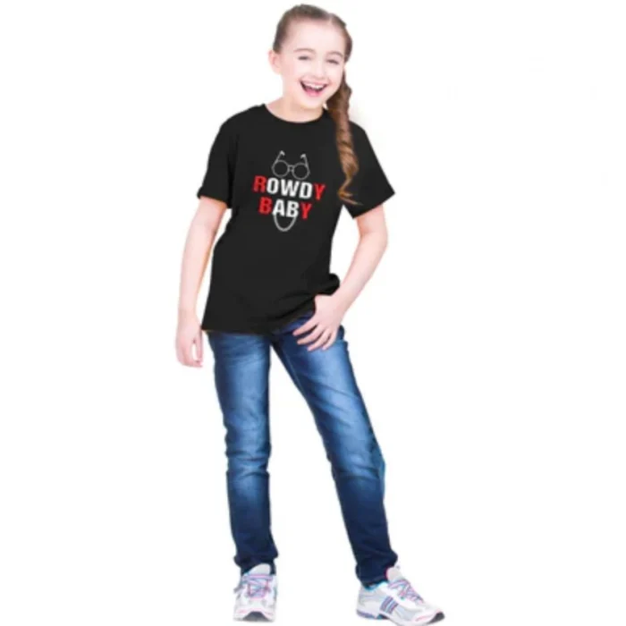 Girls Cotton Rowdy Baby Half Sleeve TShirt (Black) – view 5