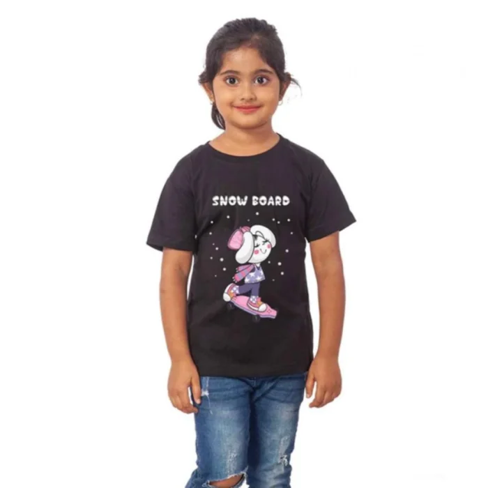 Girls Cotton Snow Board Half Sleeve TShirt (Black) – view 4