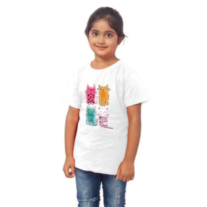 Girls Cotton Cat Half Sleeve TShirt (White) – view 4