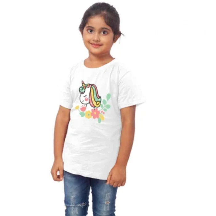 Girls Cotton Unicorn Face Half Sleeve TShirt (White) – view 4