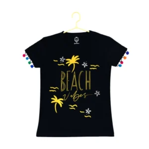 Girl’s Casual Short Sleeve Printed Cotton T Shirt (Black)