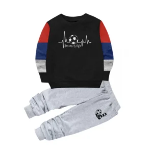 Boy’s Casual Full Sleeve Printed Cotton T Shirt With Pant (Black)