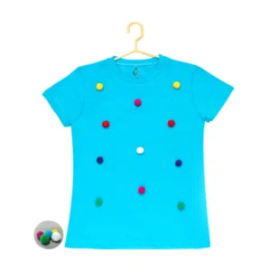 Girl’s Casual Short Sleeve Pom Pom Balls Cotton T Shirt (Blue)