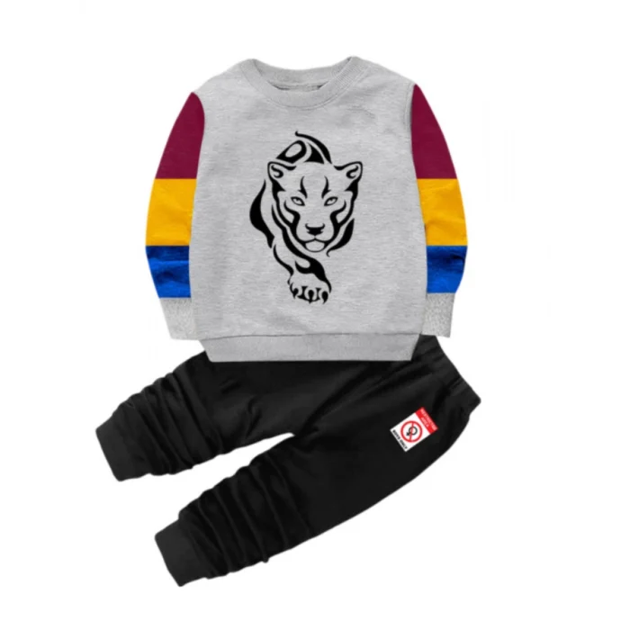 Boy’s Casual Full Sleeve Printed Cotton T Shirt With Pant (Grey)