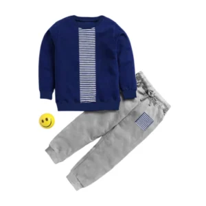 Boy’s Casual Full Sleeve Printed Cotton T Shirt With Pant (Navy Blue)