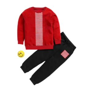 Boy’s Casual Full Sleeve Printed Cotton T Shirt With Pant (Red)