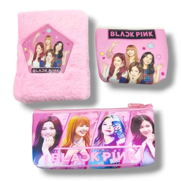 53860104021_d02c413a92_o_d-1000x1000-1.webp 3 in 1 Black Pink BTS Stationery Set With 2 Pouchs And 1 Packet Dairy | Soft Furr | Stationery | 5+ Years