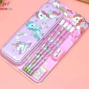 8_Pcs Set Unicorn Metal Pencil Box With 4 Pencils, 1 Sharpner, 1 Eracer And 1 Pencil Cap| Metal Box| Stat – view 2