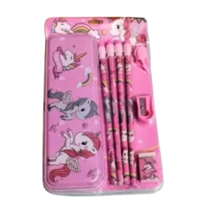 8_Pcs Set Unicorn Metal Pencil Box With 4 Pencils, 1 Sharpner, 1 Eracer And 1 Pencil Cap| Metal Box| Stat