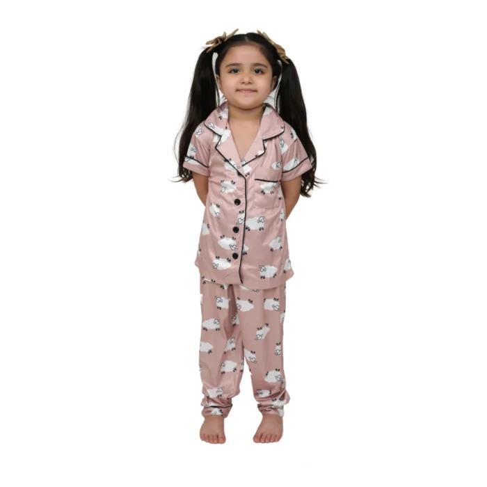 Girl’s Silk Bleand Printed Short Sleeve Night Suit Set (Brown)