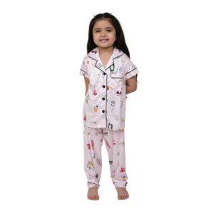 Girl’s Silk Bleand Printed Short Sleeve Night Suit Set (Creem)