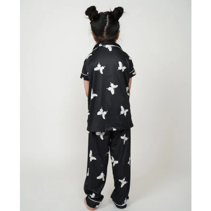 Girl’s Silk Bleand Printed Short Sleeve Night Suit Set (Black) – view 4