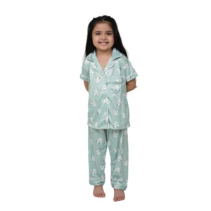 Girl’s Silk Bleand Printed Short Sleeve Night Suit Set (Light Green)