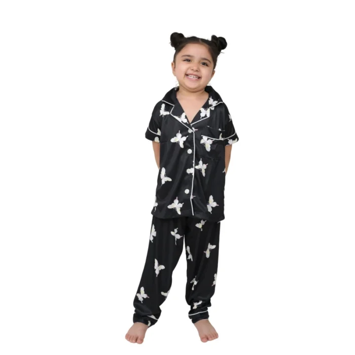 Girl’s Silk Bleand Printed Short Sleeve Night Suit Set (Black)