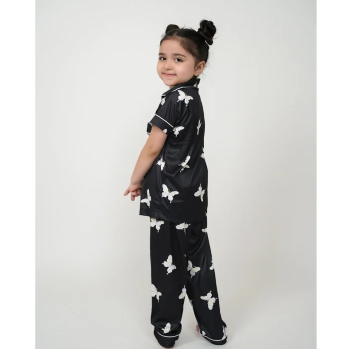 Girl’s Silk Bleand Printed Short Sleeve Night Suit Set (Black) – view 3