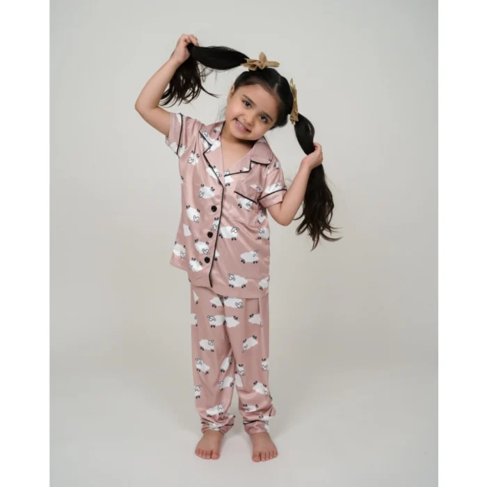 Girl’s Silk Bleand Printed Short Sleeve Night Suit Set (Brown) – view 3