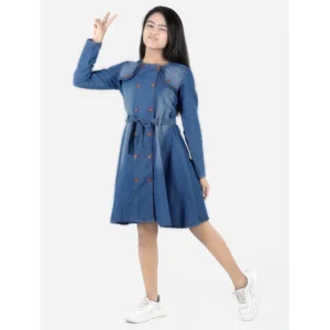 Girl’s Denim Solid Long Sleeve Round Neck Dress (Blue)