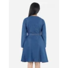 Girl’s Denim Solid Long Sleeve Round Neck Dress (Blue) – view 4