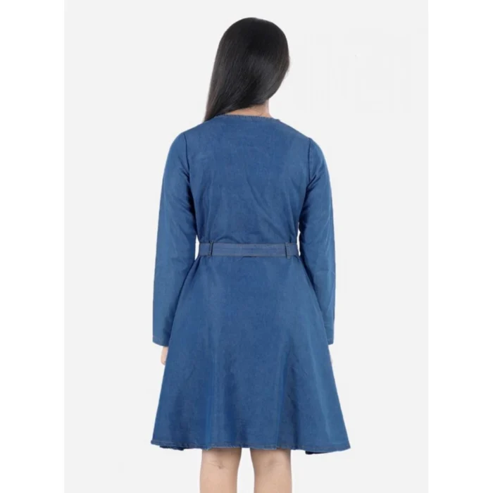 Girl’s Denim Solid Long Sleeve Round Neck Dress (Blue) – view 4