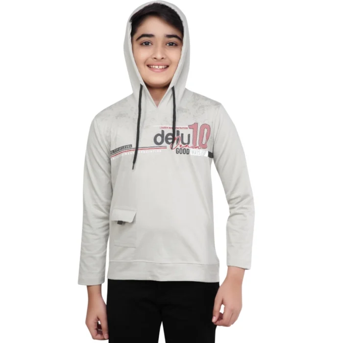 Boy’s Cotton Printeded Hooded Neck Hoodies (Grey )