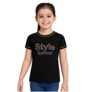 Girl’s Cotton Printeded Round Neck T-Shirt (Black)