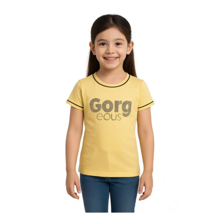 Girl’s Cotton Printeded Round Neck T-Shirt (Yellow)
