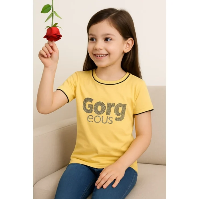 Girl’s Cotton Printeded Round Neck T-Shirt (Yellow) – view 3