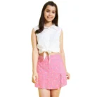 Girl’s Polyester Lurex Printed Sleeveless Skorts Set (White-Pink) – view 5