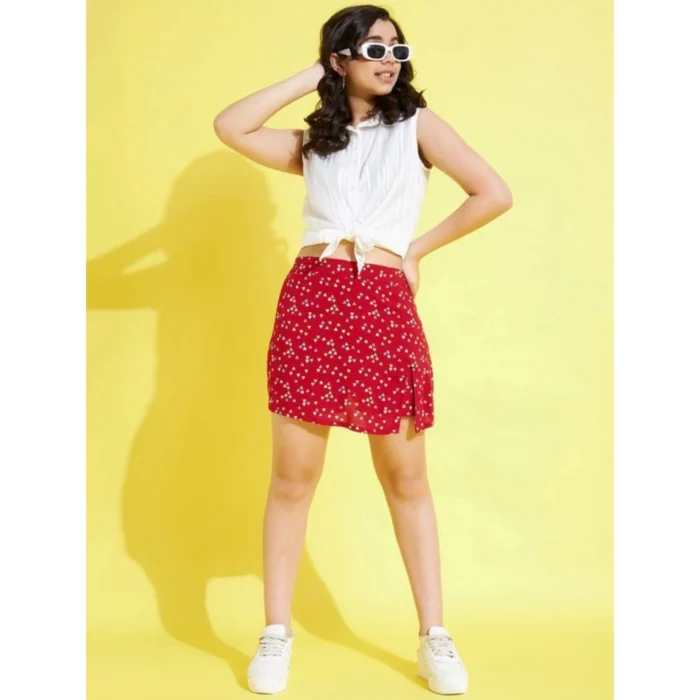 Girl’s Polyester Lurex Printed Sleeveless Skorts Set (White-Red) – view 5