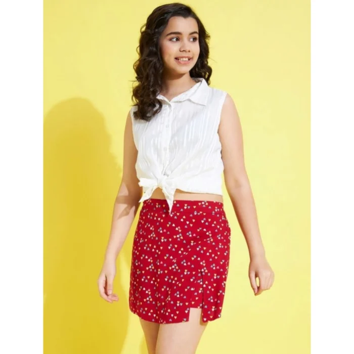 Girl’s Polyester Lurex Printed Sleeveless Skorts Set (White-Red) – view 3