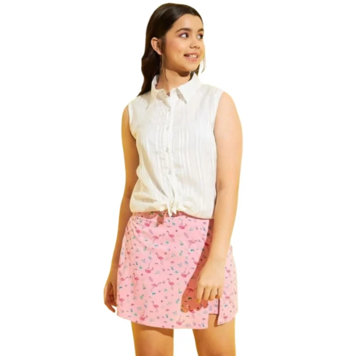 Girl’s Polyester Lurex Printed Sleeveless Top Set (Pink-White) – view 3