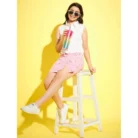 Girl’s Polyester Lurex Printed Sleeveless Top Set (Pink-White)