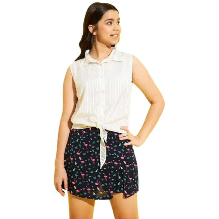 Girl’s Polyester Lurex Printed Sleeveless Top Set (White-Navy) – view 5