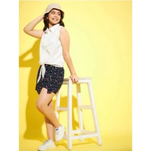 Girl’s Polyester Lurex Printed Sleeveless Top Set (White-Navy)