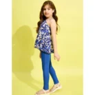 Girl’s Polyester Floral One Shoulder Jeggings Set (Blue) – view 3
