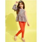 Girl’s Polyester Floral One Shoulder Jeggings Set (Grey-Orange)