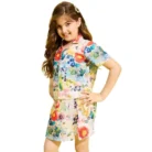 Girl’s Polyester Cotton Blend Pattern-Floral Short Sleeves Skorts Set (Multicolor) – view 5