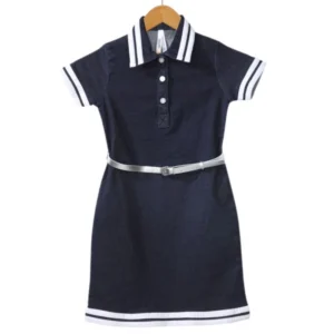 Girl’s Denim Lycra Ribbed Elasticated Dress with Belt (Navy Blue-White)