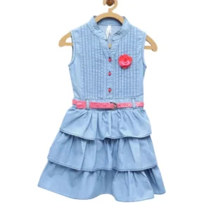 Girl’s Denim Embellished Sleeveless Dress with Belt (Light Blue)