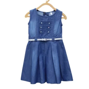 Girl’s Denim Embellished Sleeveless Dress with Belt (Blue)
