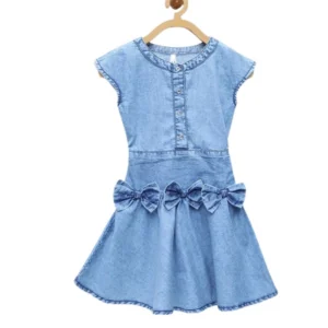 Girl’s Denim Embellished Cap Sleeve bow Dress (Light Blue)