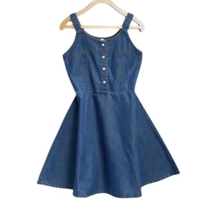 Girl’s Denim Printed Short Sleeve Dress with Straps (Blue)