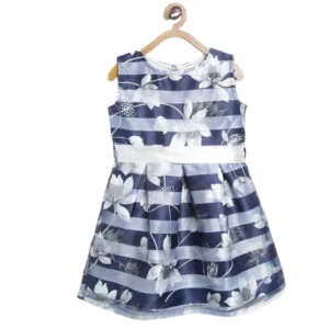 Girl’s Polyester Striped Sleeveless Dress (Navy Blue)