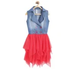 Girl’s Denim Roll Up Buttoned Dress (Blue-Red)