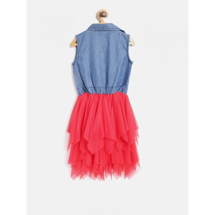 Girl’s Denim Roll Up Buttoned Dress (Blue-Red) – view 4