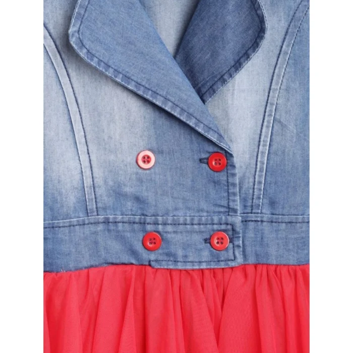 Girl’s Denim Roll Up Buttoned Dress (Blue-Red) – view 3