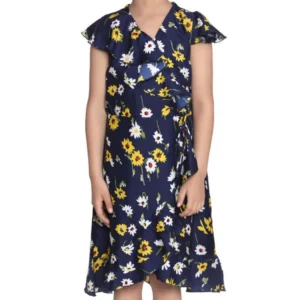 Girl’s Polyester Crepe Polka Cold Shoulder Dress (Navy Blue)